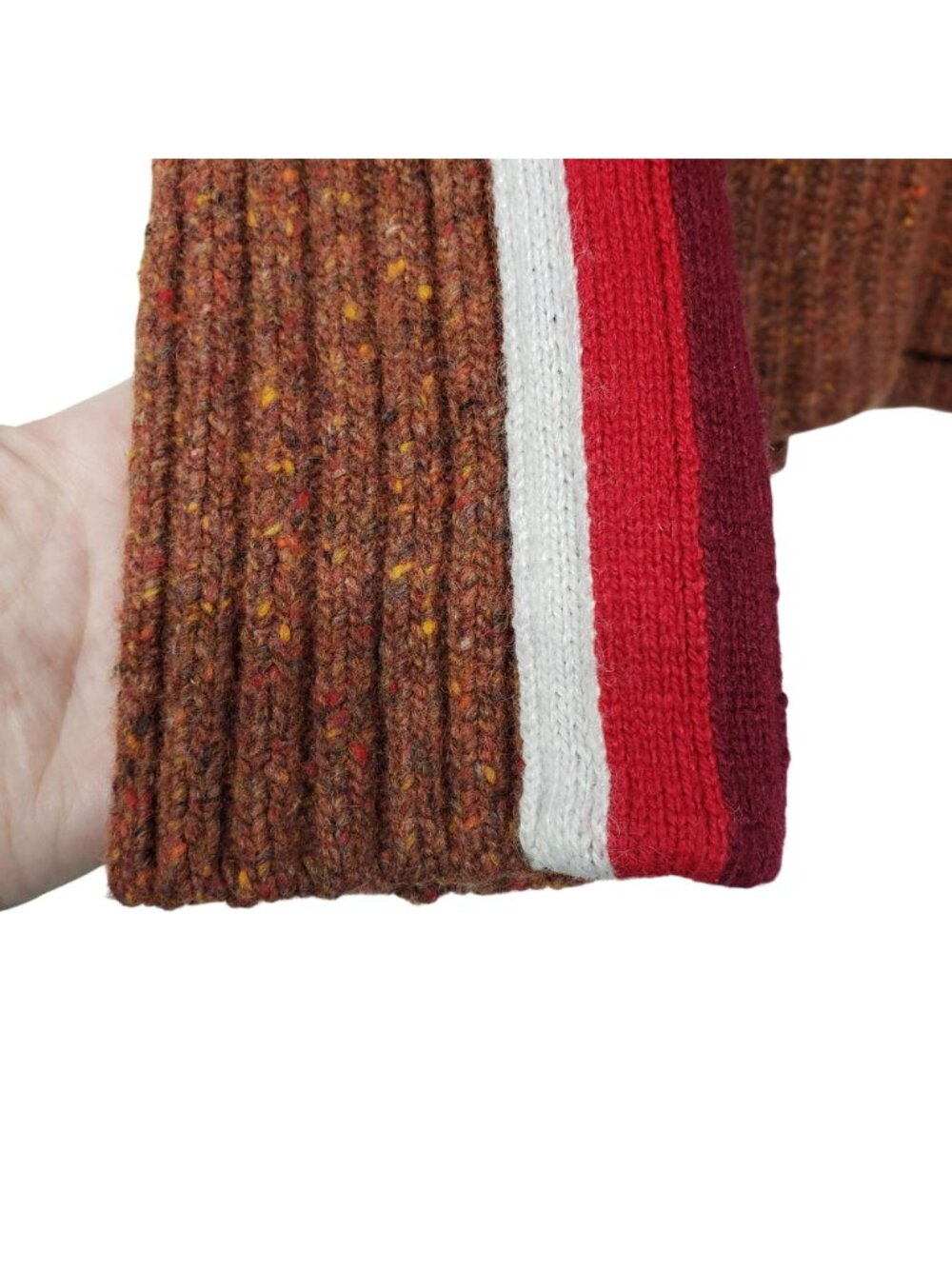 Krimson Klover Brown Cable Knit Sweater Stripe Sleeve Thumbholes Half Zip L - Picture 13 of 13